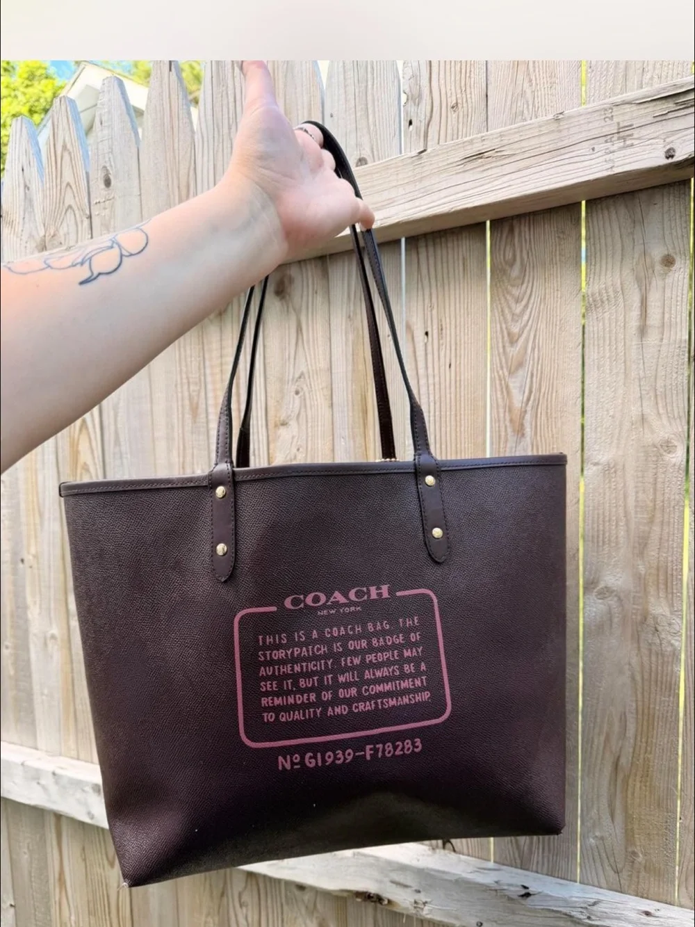 Coach Black Floral Leather Tote with Pink Accents